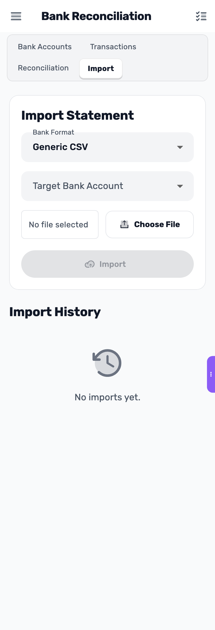 Lynxbe screen: Import transactions from a file Demonstration data.
