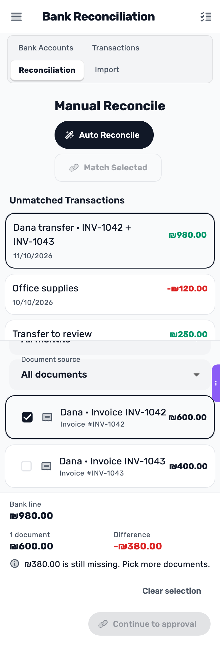 Lynxbe screen: Choose the documents yourself Demonstration data.