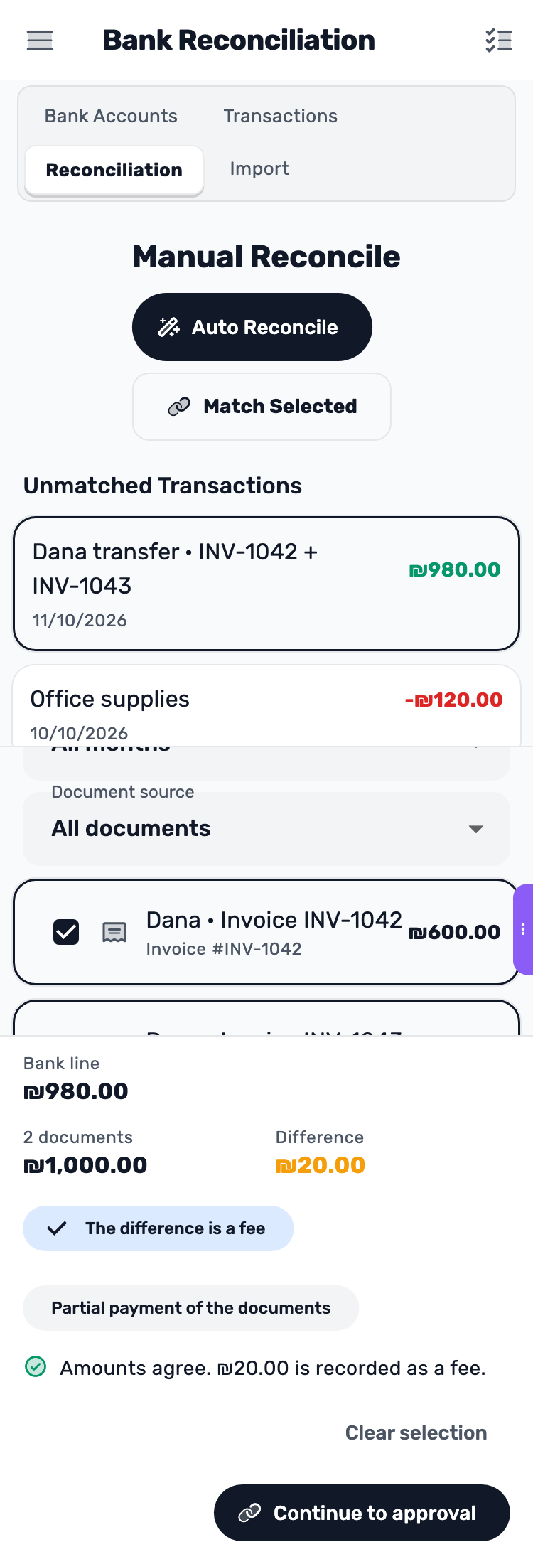 Lynxbe screen: One transaction. Two documents. Demonstration data.
