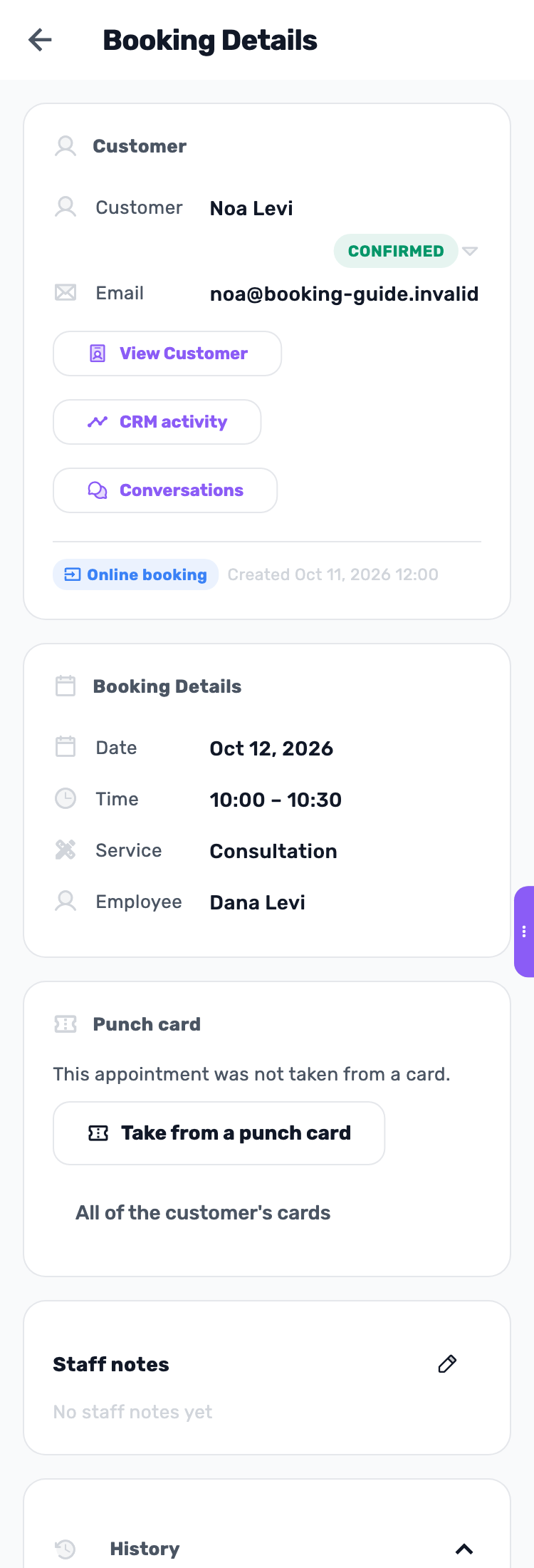 Lynxbe screen: Check the confirmed booking Demonstration data.