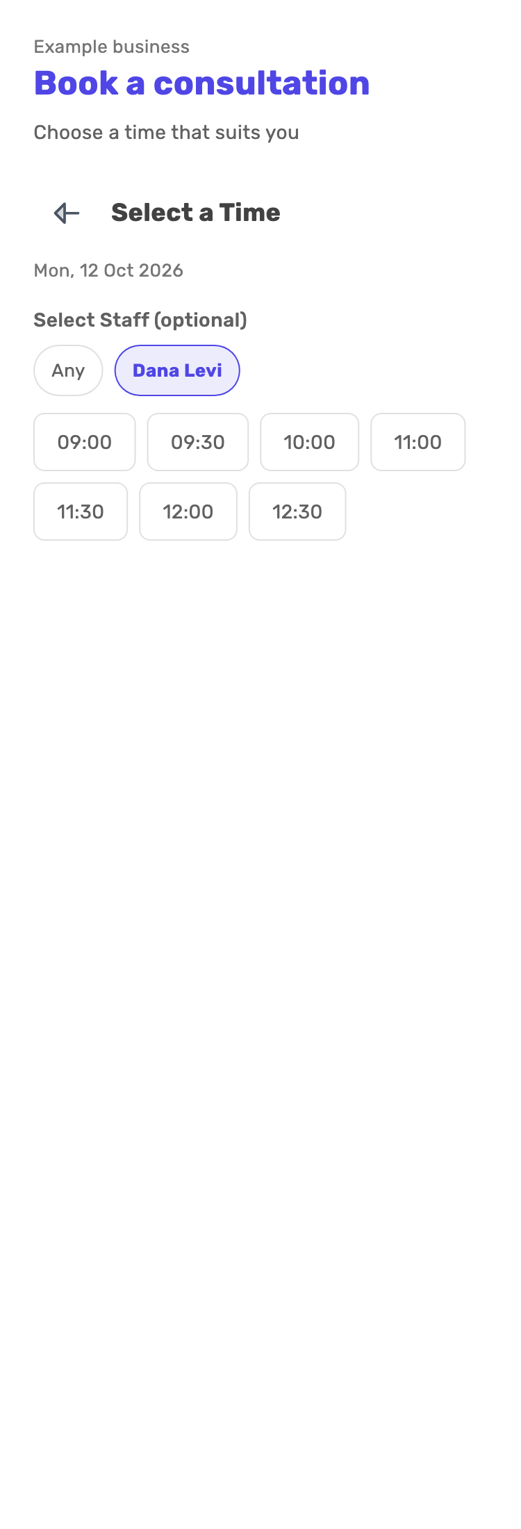 Lynxbe screen: Choose an available time Demonstration data.