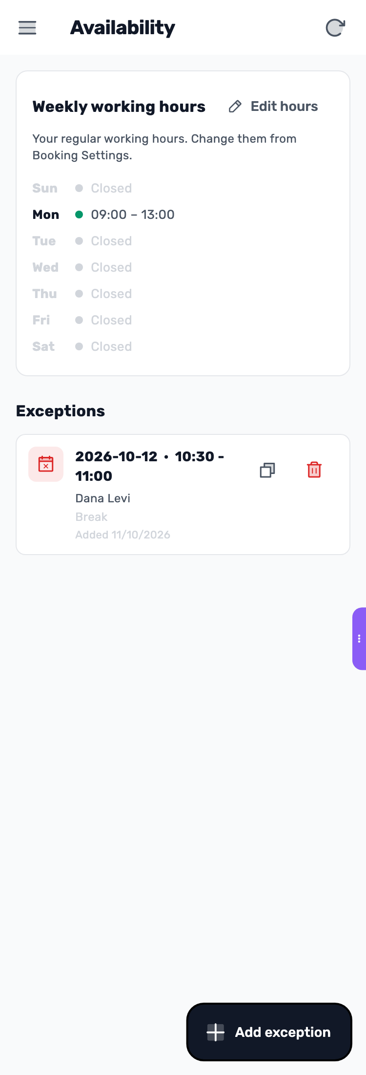Lynxbe screen: Block time customers cannot book Demonstration data.