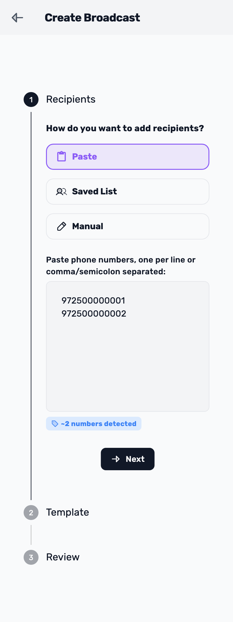 Lynxbe screen: Choose how to add recipients Isolated demonstration data.