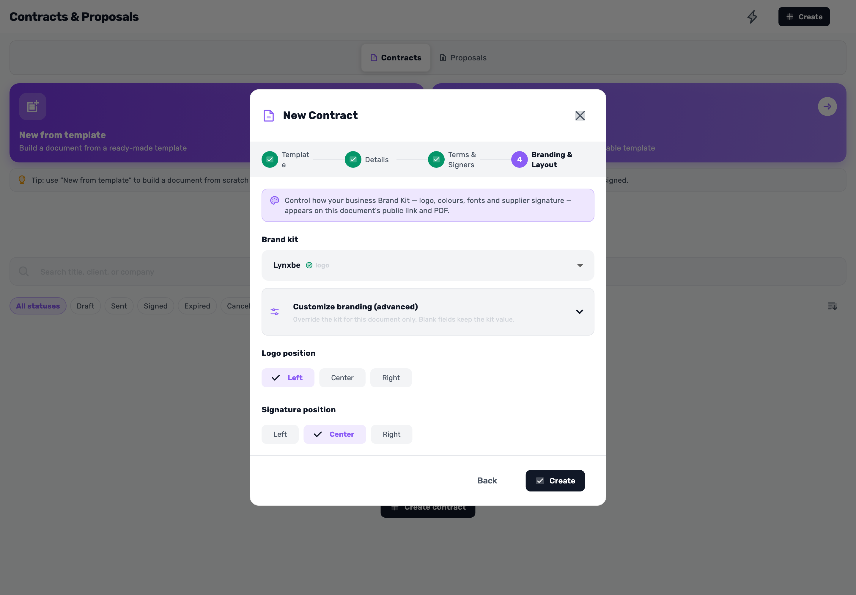 Original Lynxbe screen: One last check. Then create. Isolated demonstration document.