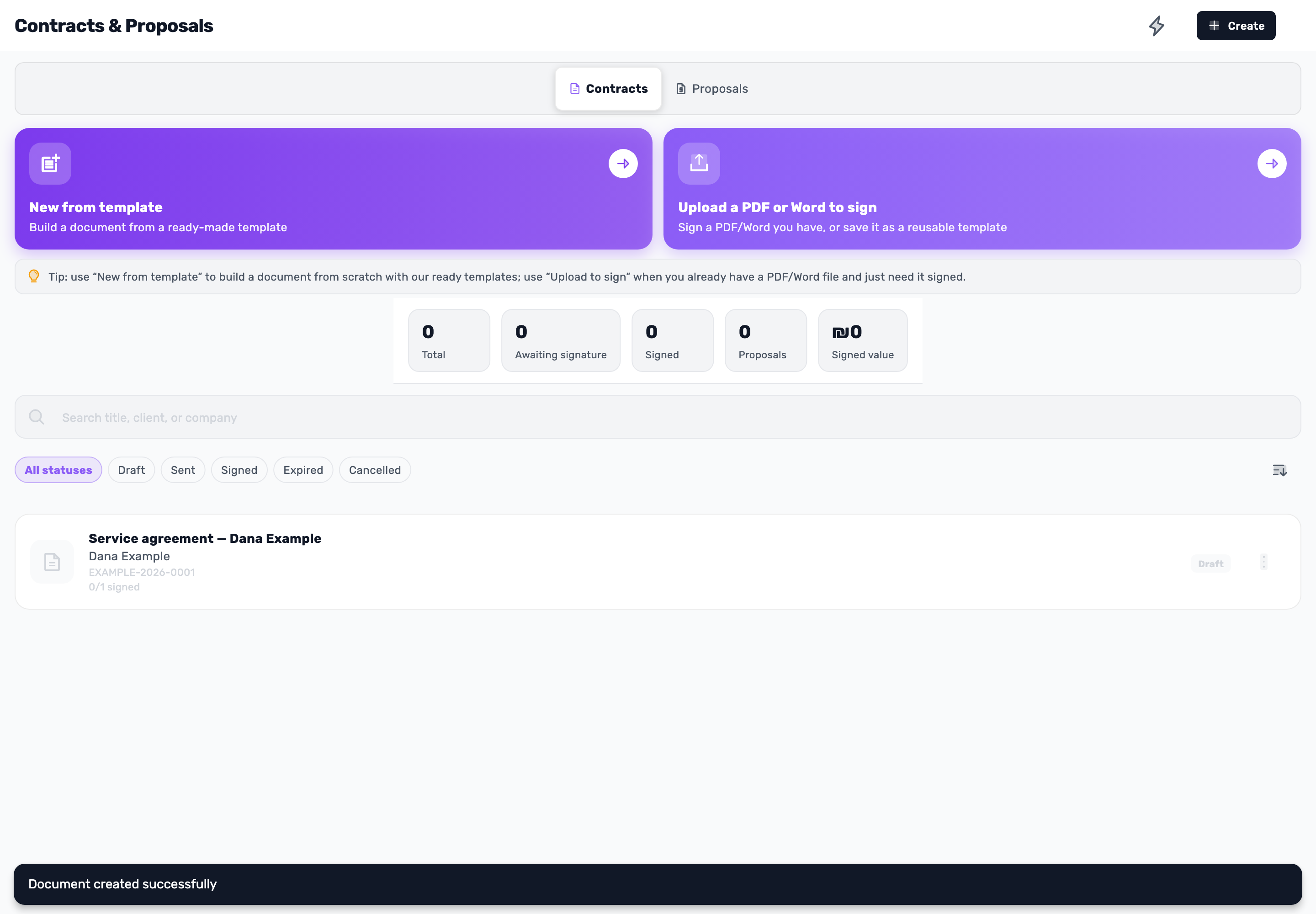 Original Lynxbe screen: Created. As a draft. Isolated demonstration document.