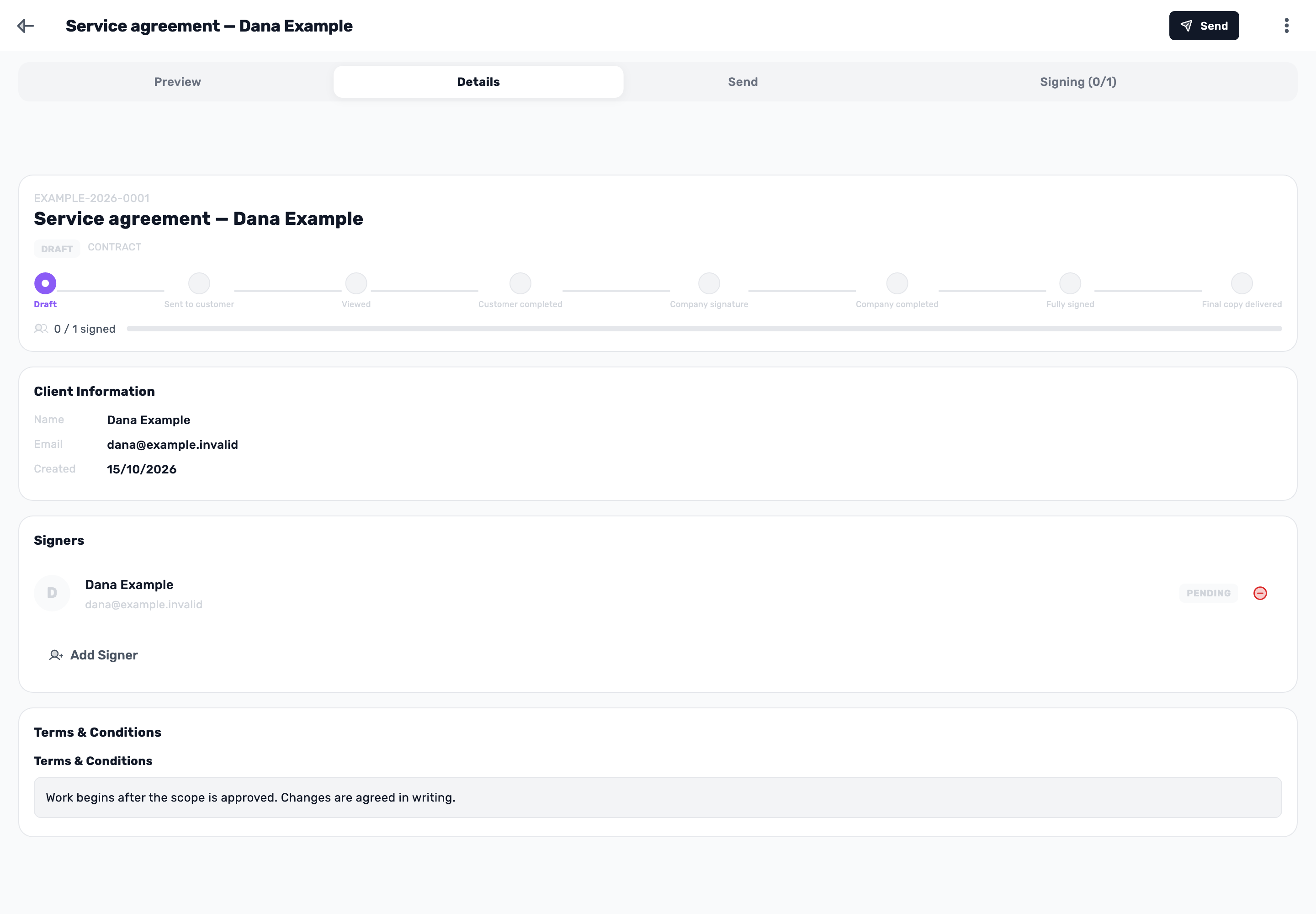 Original Lynxbe screen: A saved draft. A signer still waiting. Isolated demonstration document.