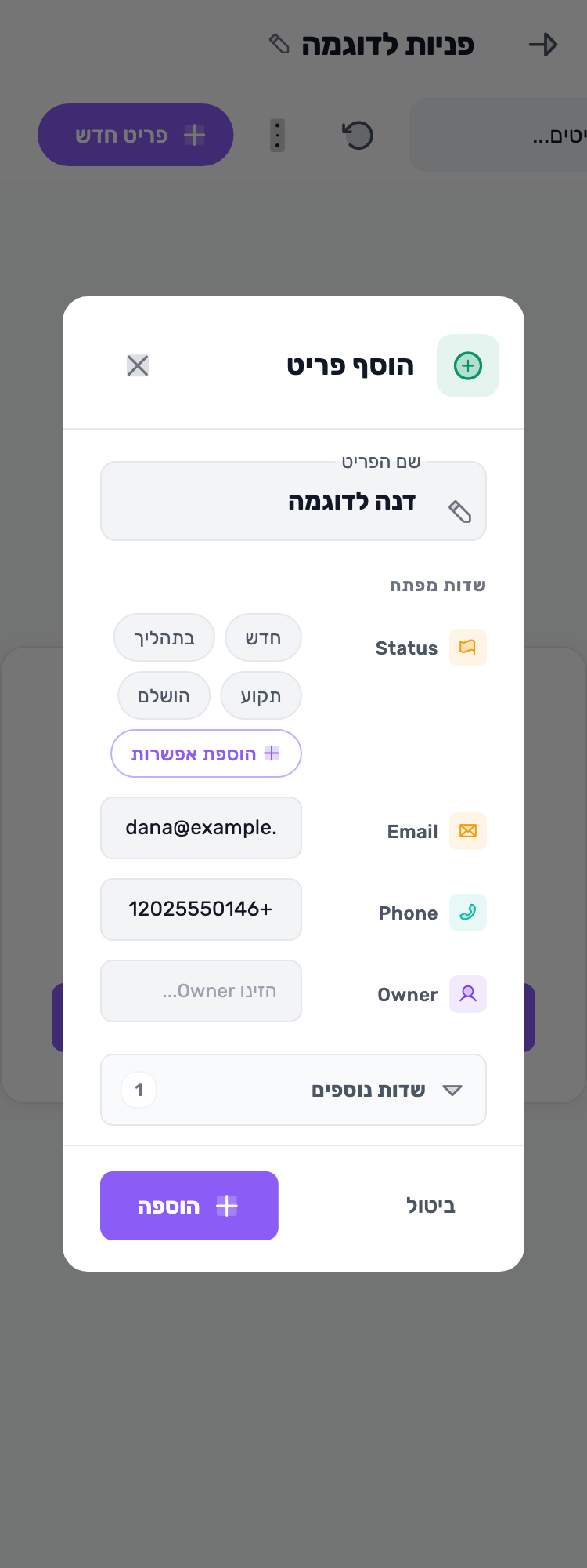 מסך Lynxbe מקורי: מוסיפים את הפנייה הראשונה. לוח לידים עם נתוני הדגמה מבודדים.