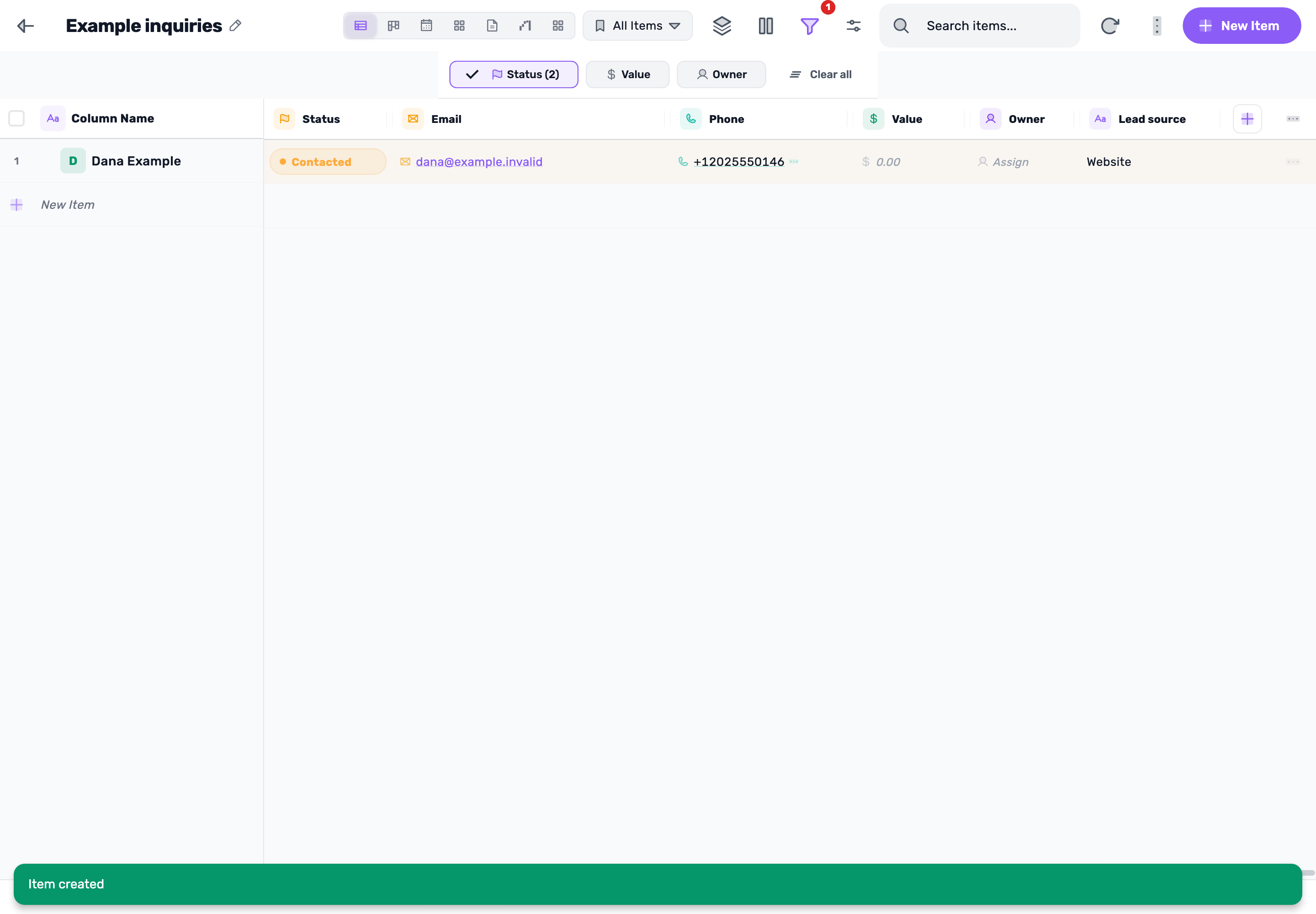 Original Lynxbe screen: Keep the contacted inquiries in view. Lead board with isolated demonstration data.