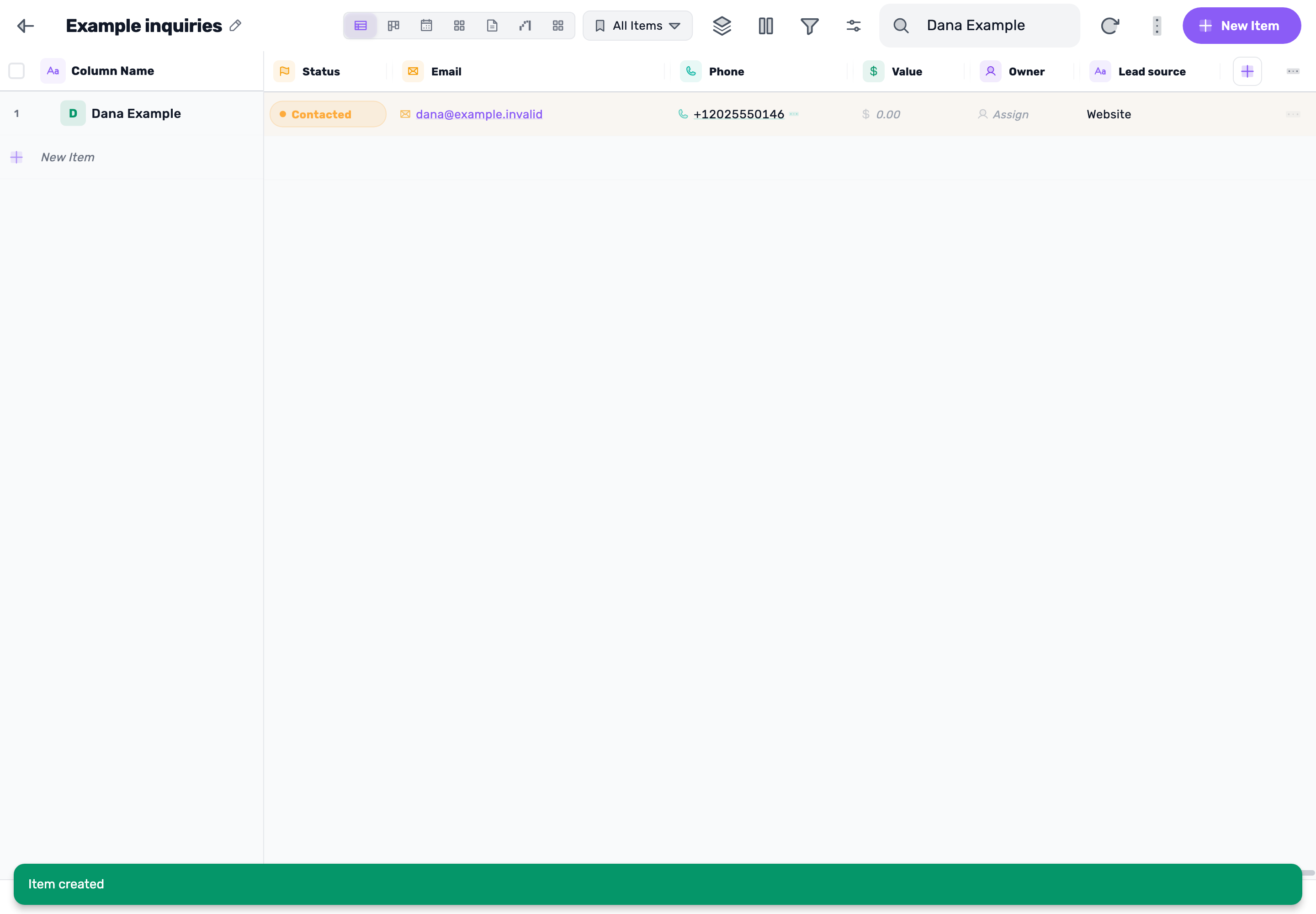 Original Lynxbe screen: Find an inquiry without changing it. Lead board with isolated demonstration data.