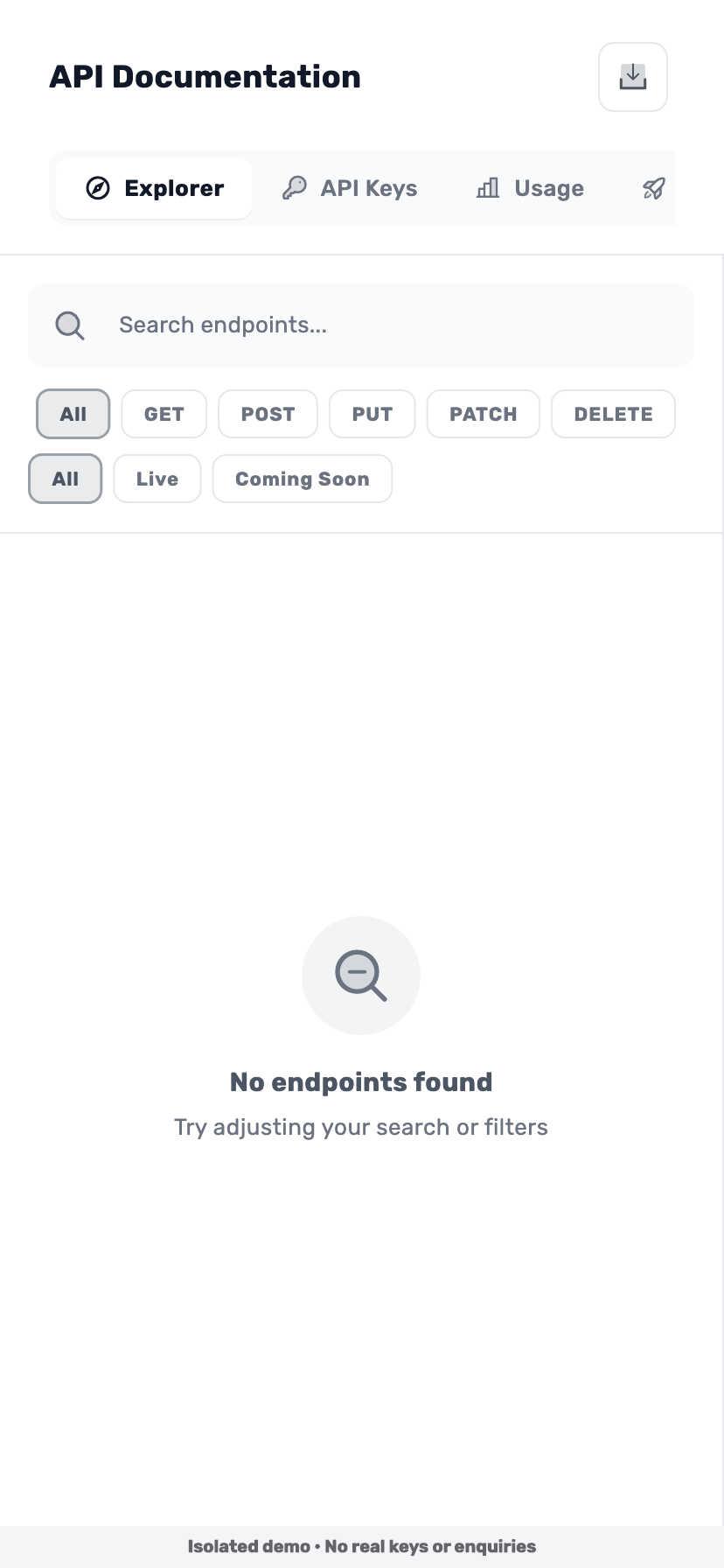 Original Lynxbe screen: Open API keys. Isolated data.