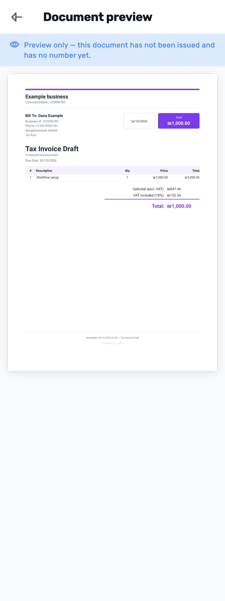 Original Lynxbe screen: Review before issue. Isolated demonstration data.