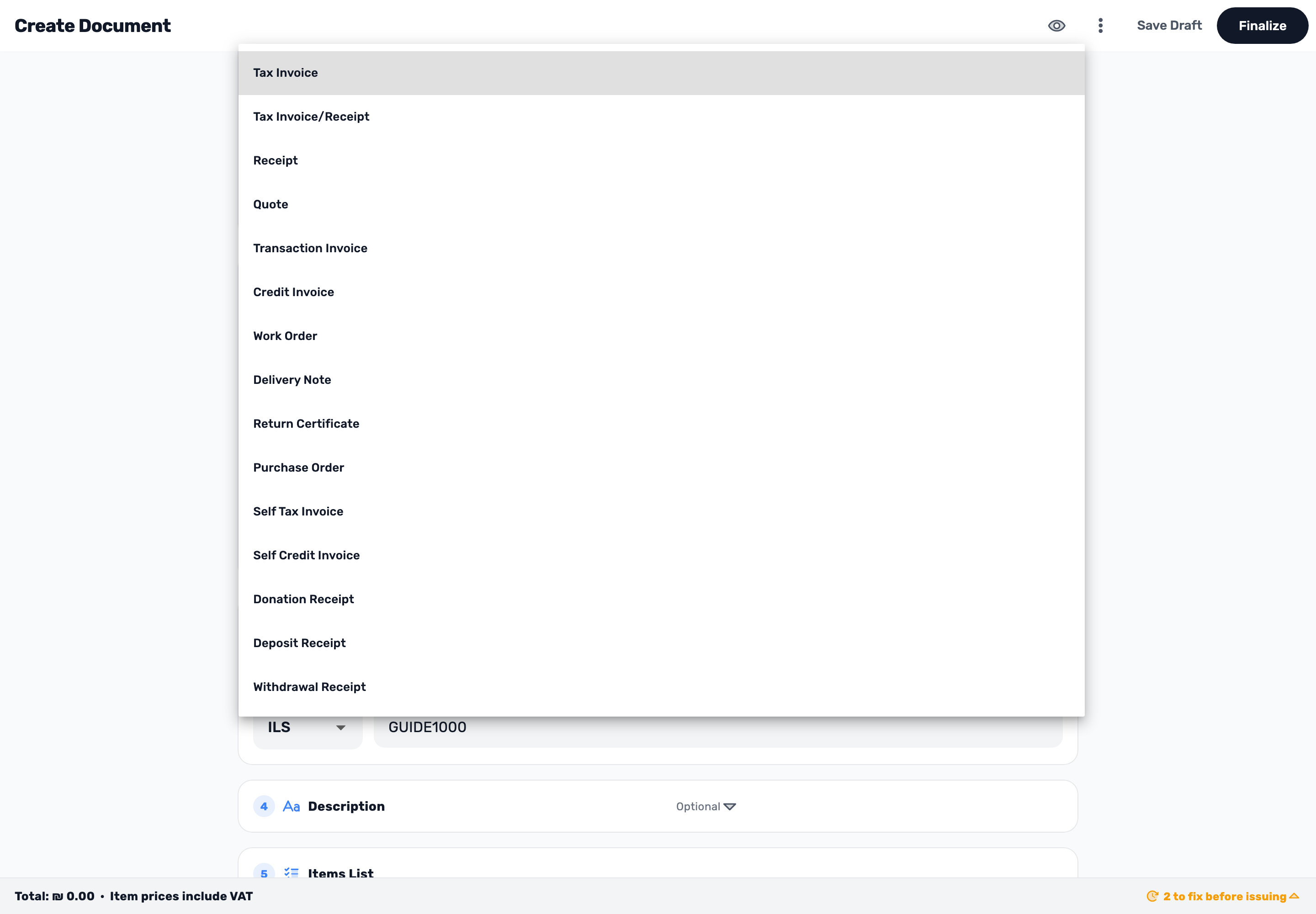 Original Lynxbe screen: Choose the document type. Isolated demonstration data.