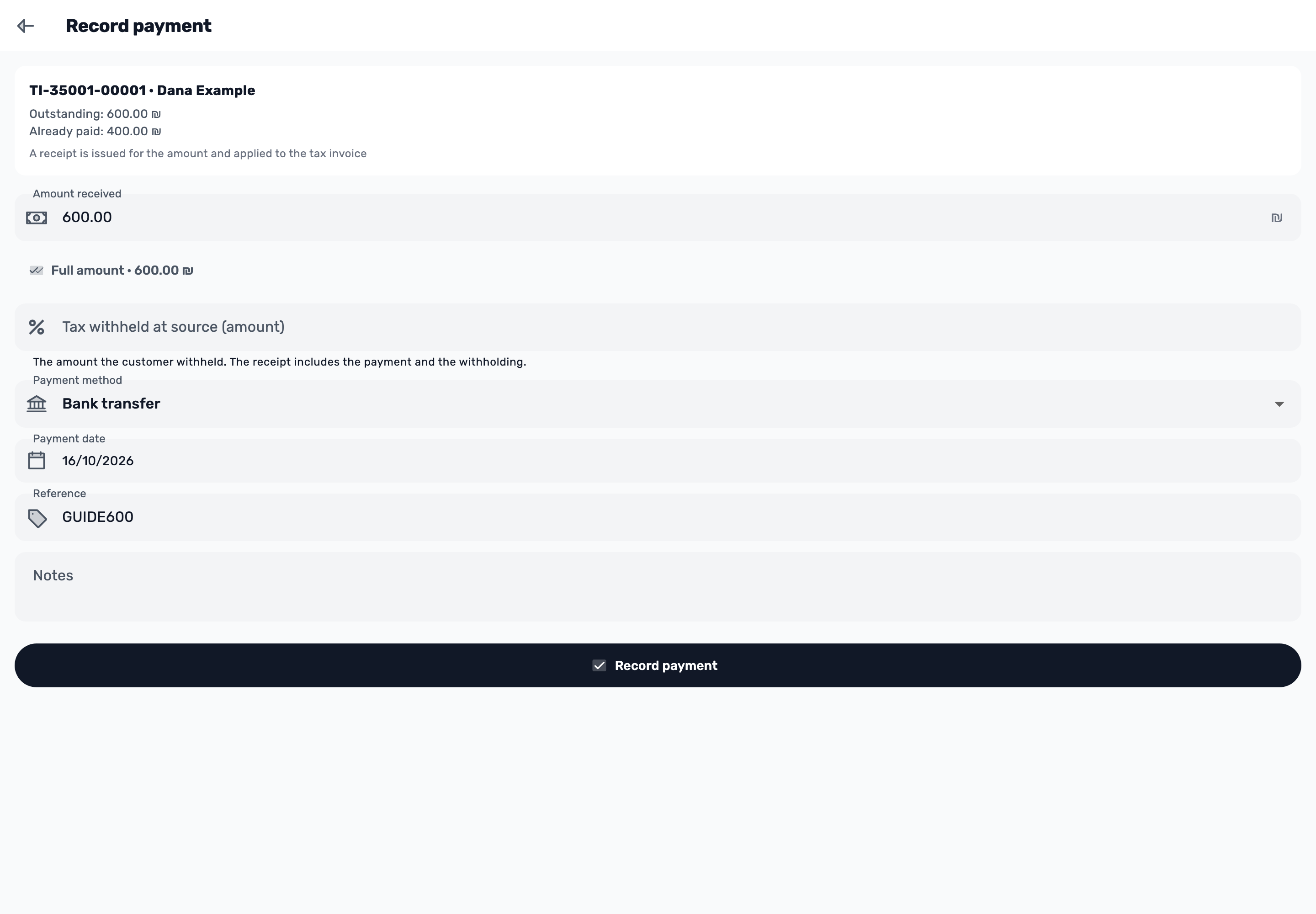 Original Lynxbe screen: Complete the record. Isolated demonstration data.