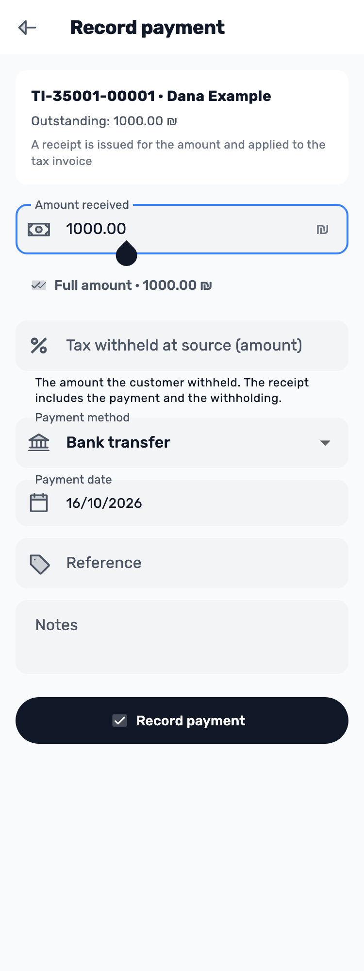 Original Lynxbe screen: Record a received payment. Isolated demonstration data.