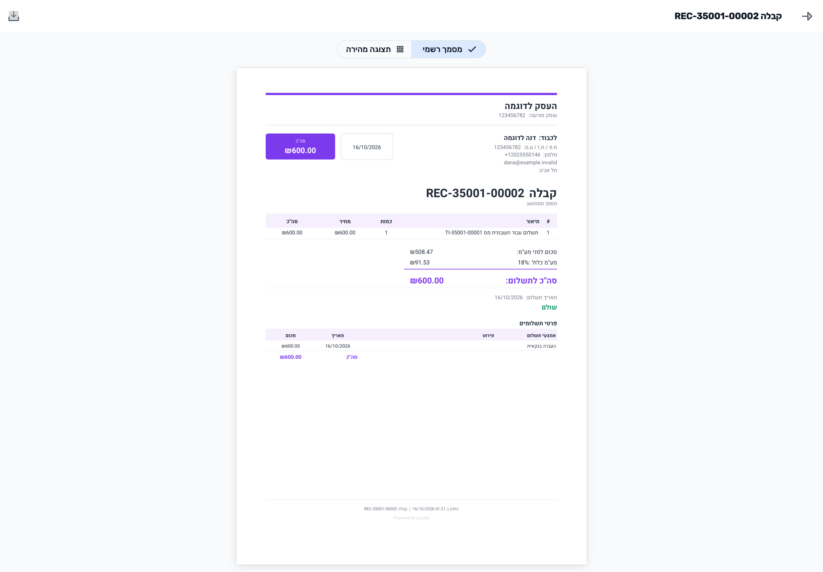 מסך Lynxbe מקורי: פותחים גם את הקבלה. נתוני הדגמה מבודדים.