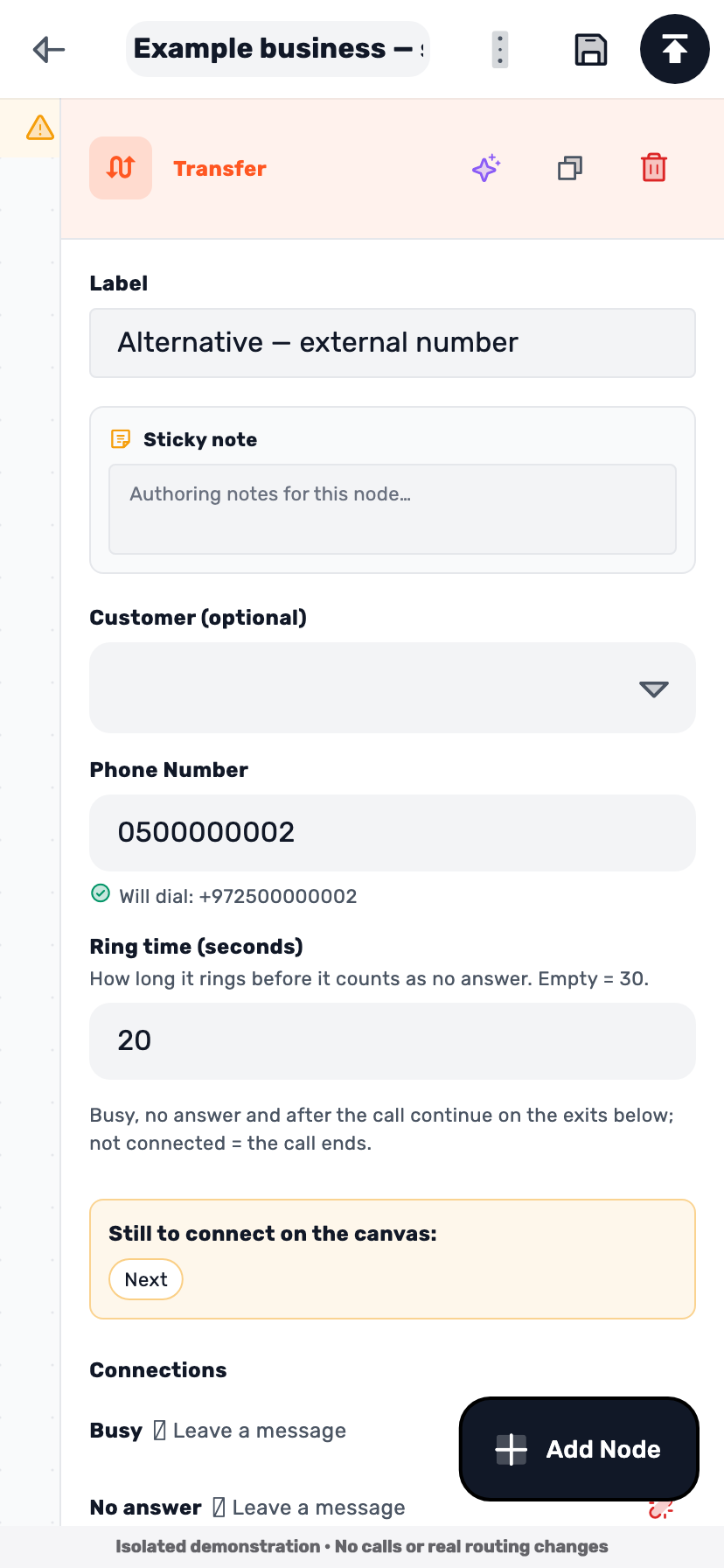 Lynxbe screen: When the destination is another number Isolated demonstration data.