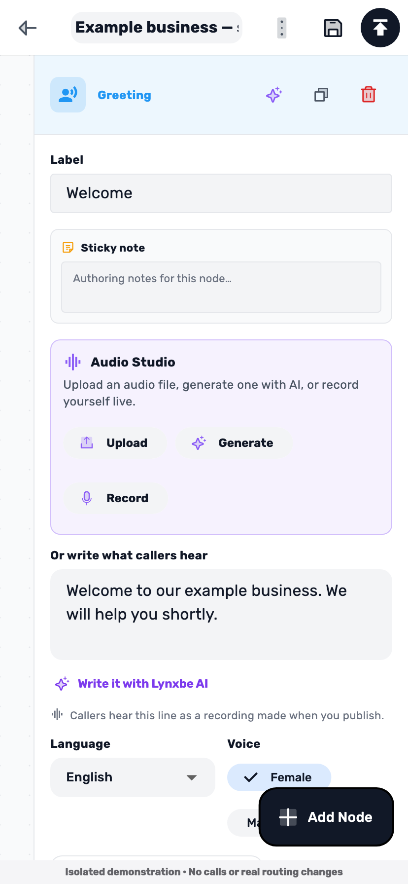 Lynxbe screen: Write the welcome Isolated demonstration data.