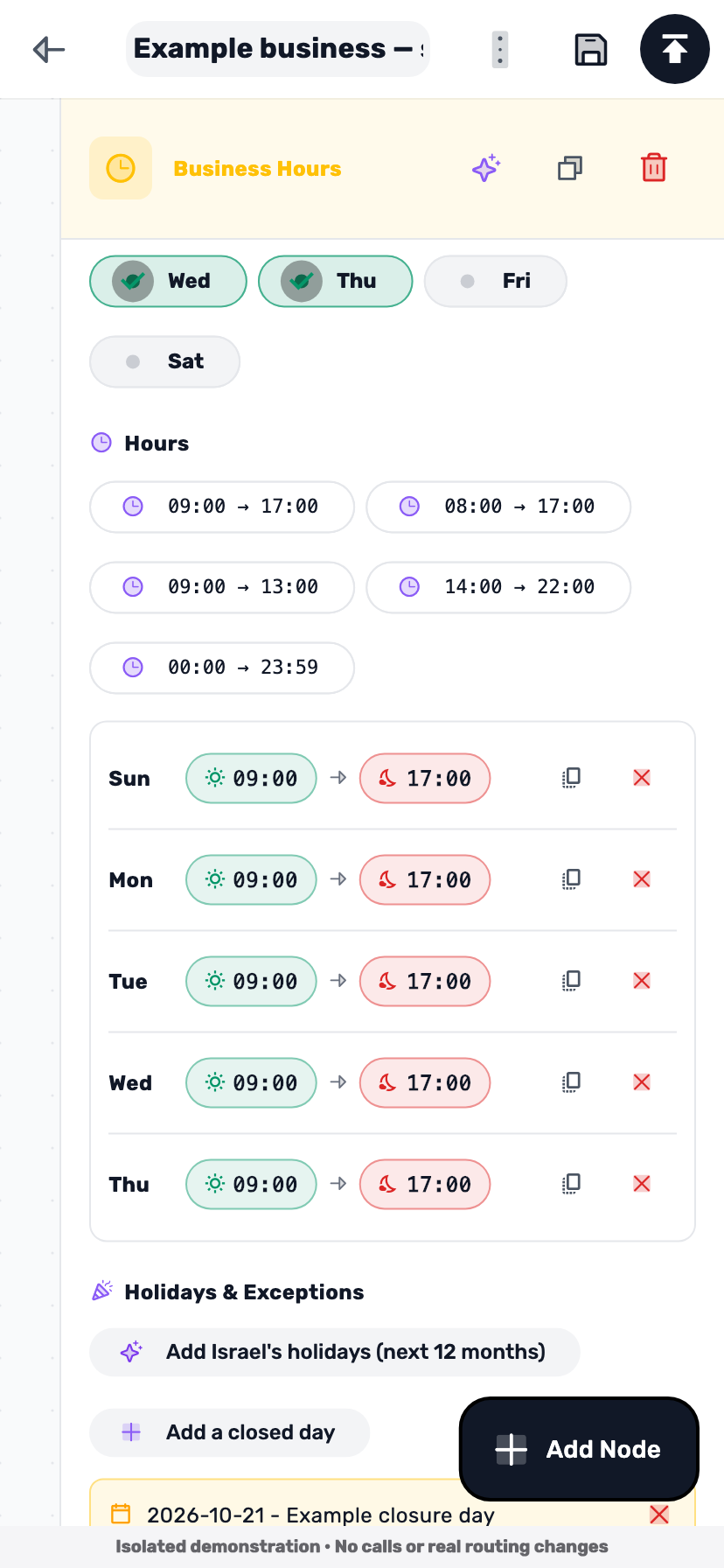 Lynxbe screen: Set when the business is open Isolated demonstration data.