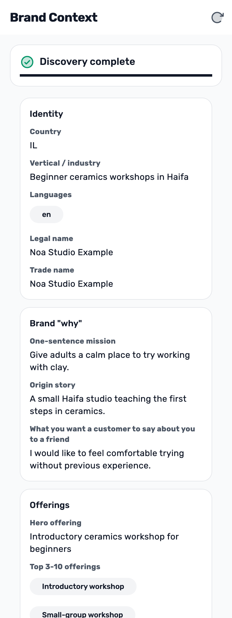 Original Lynxbe screen: Check the saved business context. Isolated demonstration data.
