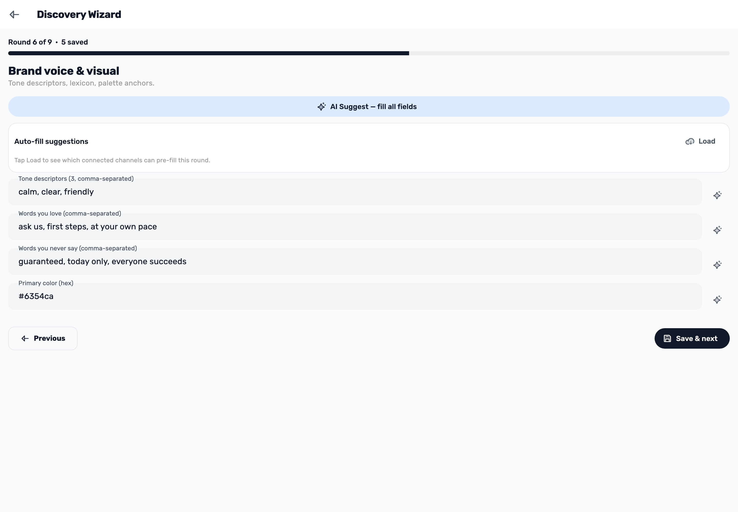 Original Lynxbe screen: Define the business’s voice. Isolated demonstration data.