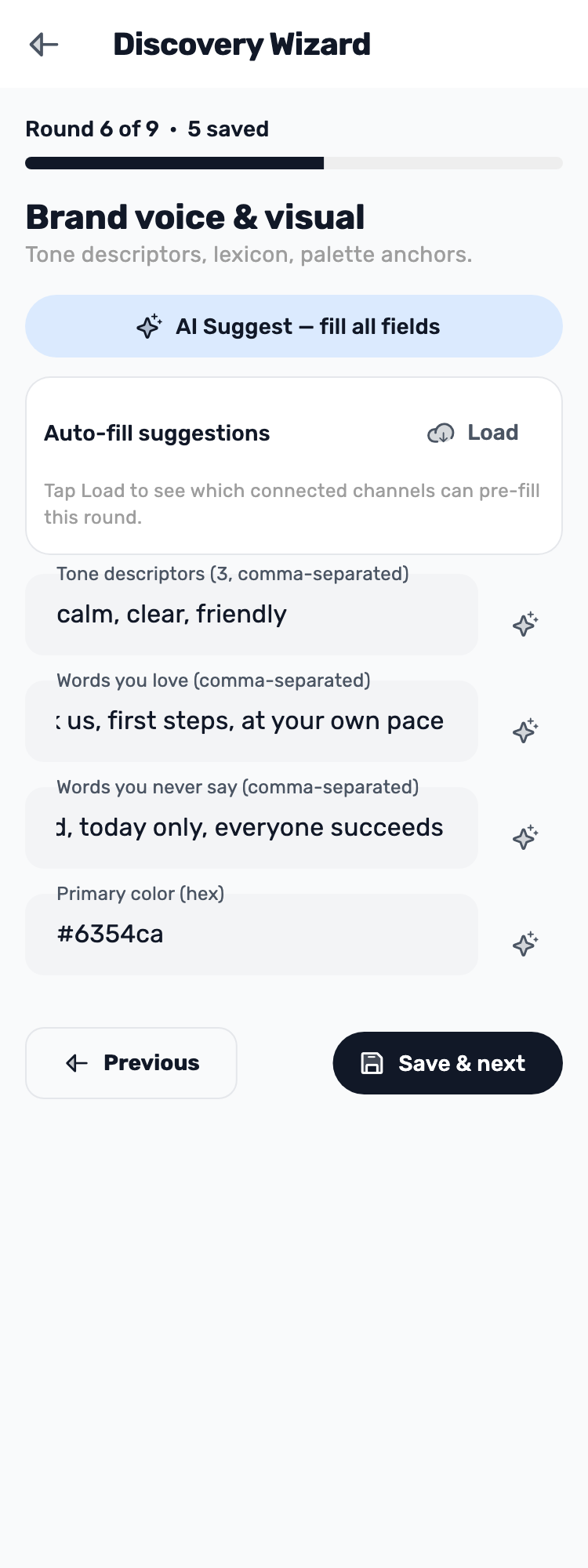 Original Lynxbe screen: Define the business’s voice. Isolated demonstration data.
