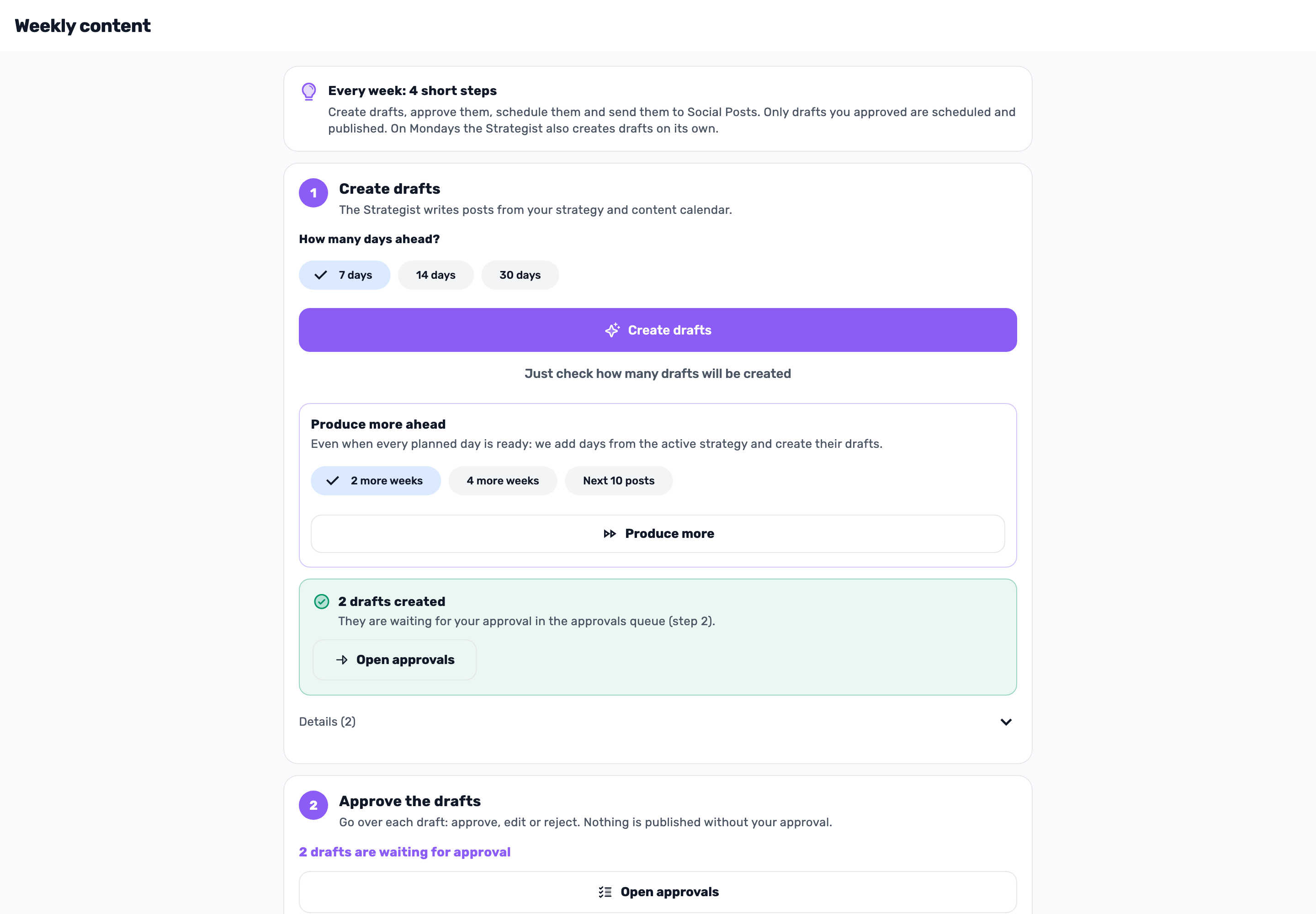 Original Lynxbe screen: Create the week’s drafts. Isolated demonstration data.