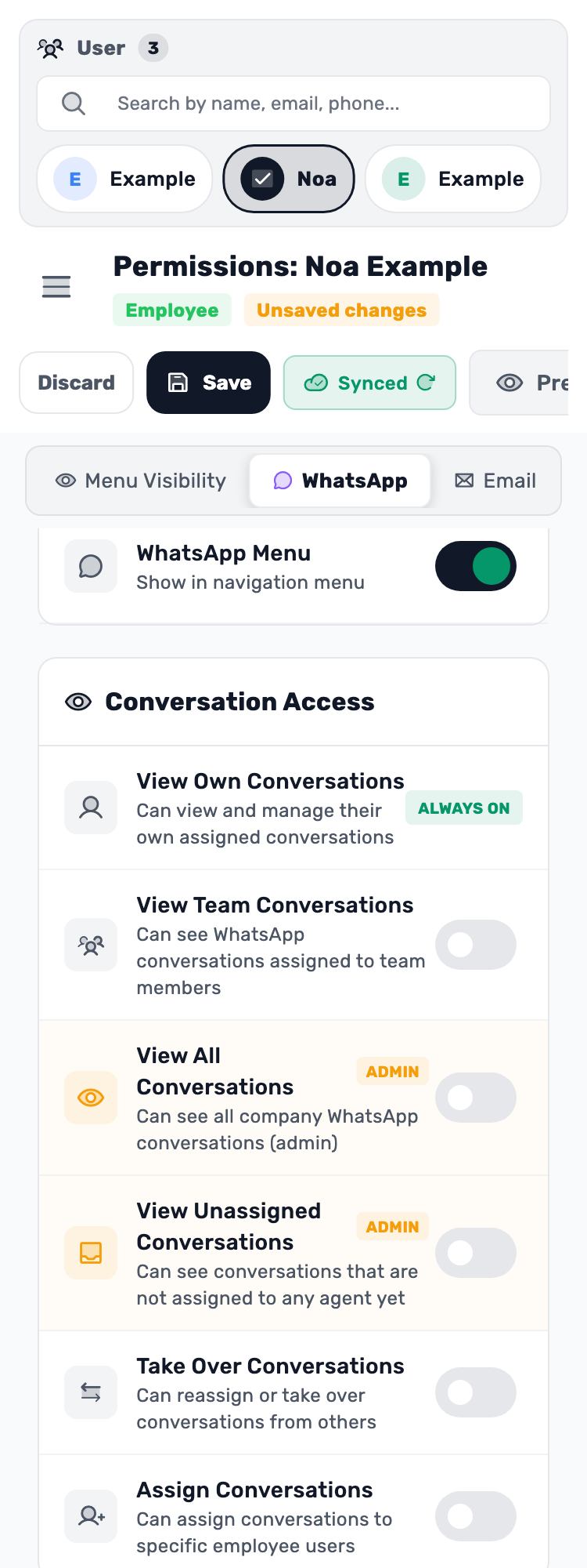 Original Lynxbe screen: WhatsApp appears for Noa. Isolated demonstration data.