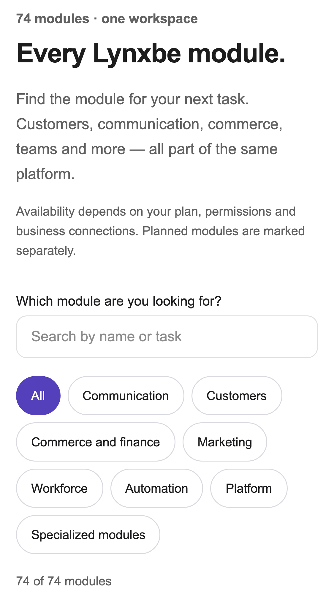 English module catalog showing Every Lynxbe module and the search field
