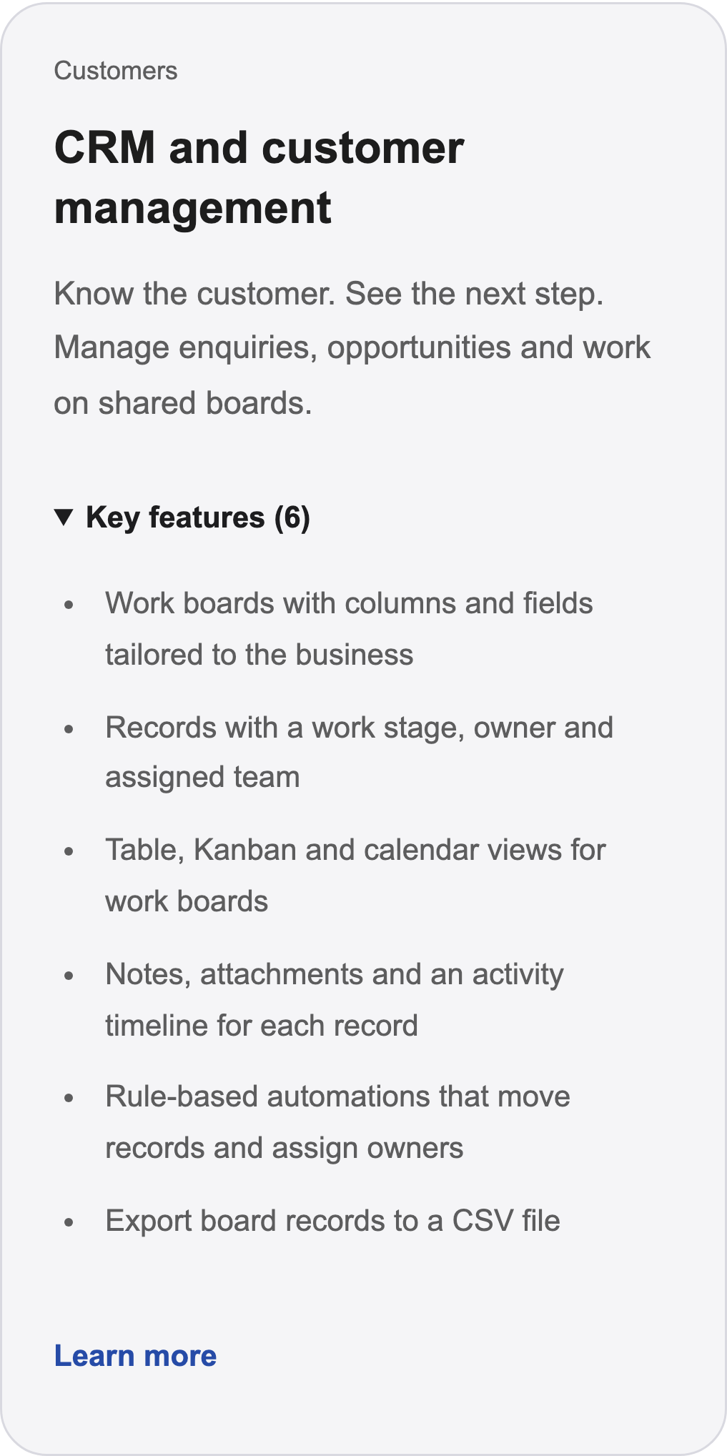 CRM and customer management card with all six key features expanded