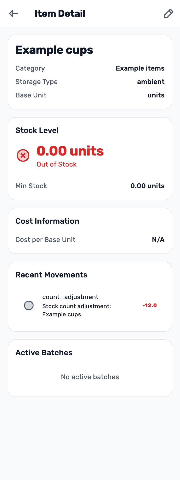 Original Lynxbe screen: Verify: zero stayed zero. Stock count with isolated demonstration data.