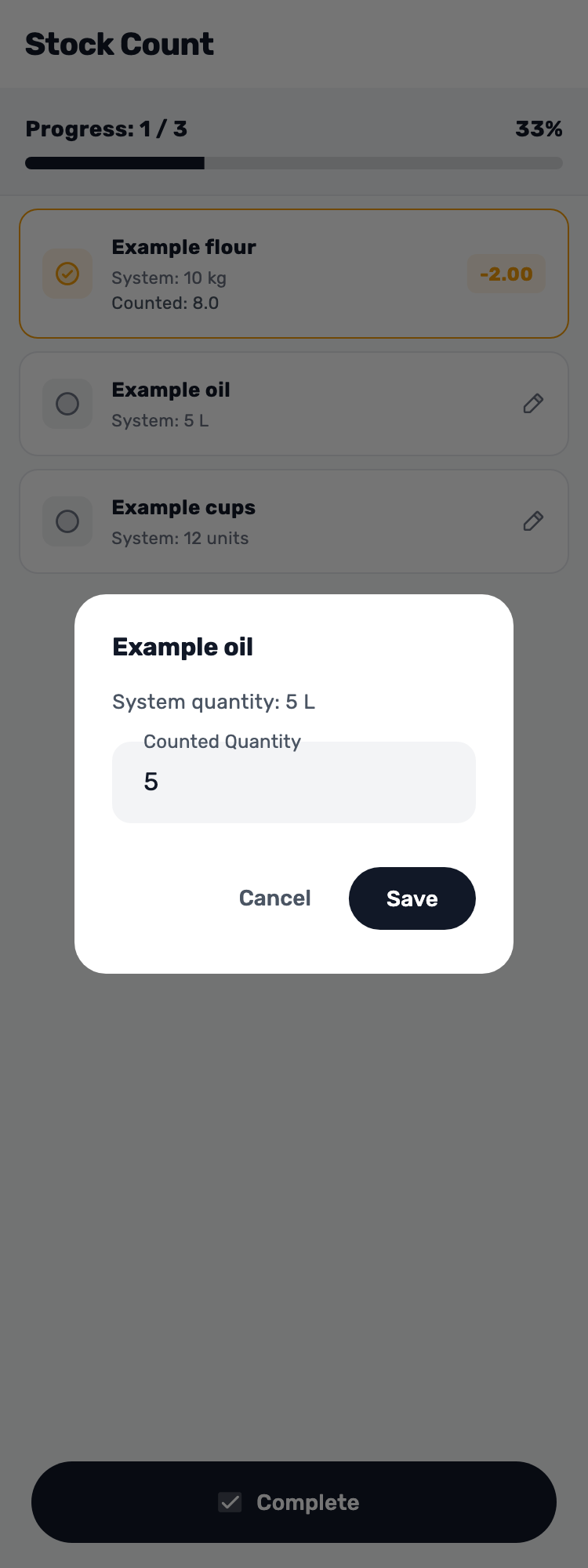 Original Lynxbe screen: A matching quantity still needs a count. Stock count with isolated demonstration data.