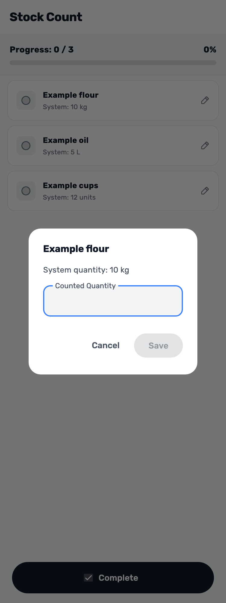 Original Lynxbe screen: Empty and zero mean different things. Stock count with isolated demonstration data.