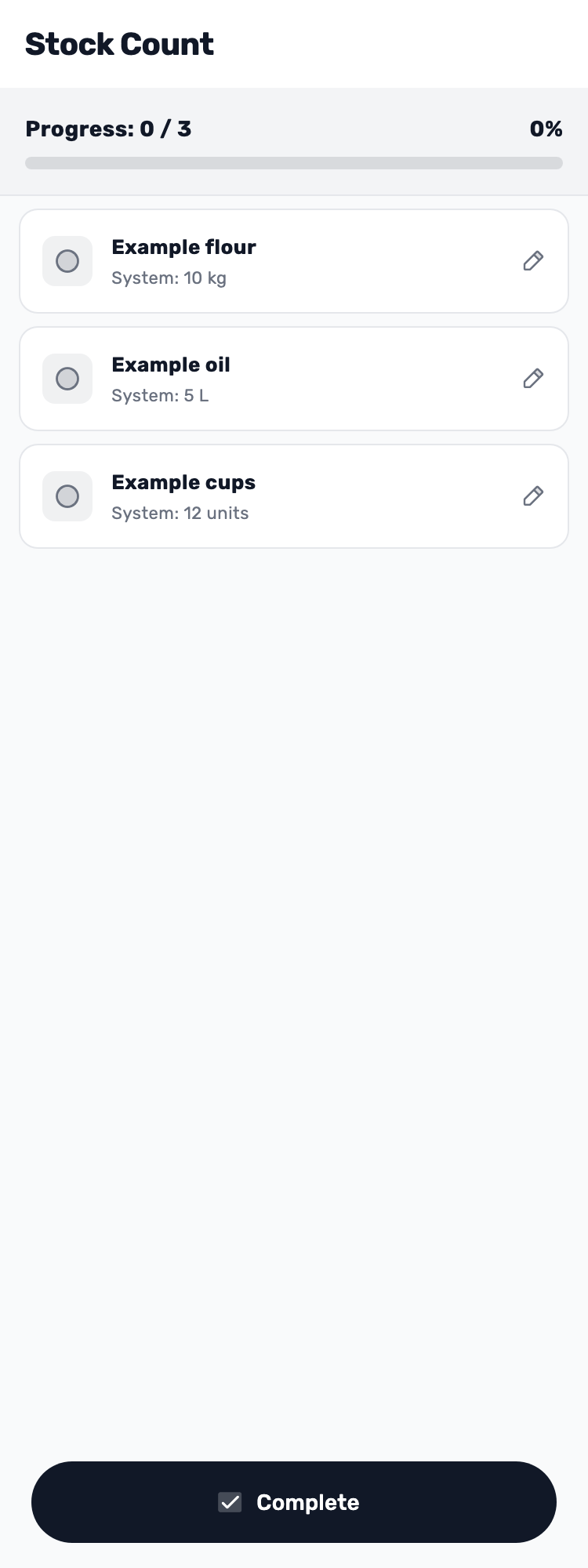 Original Lynxbe screen: Two choices. Check the actual list. Stock count with isolated demonstration data.