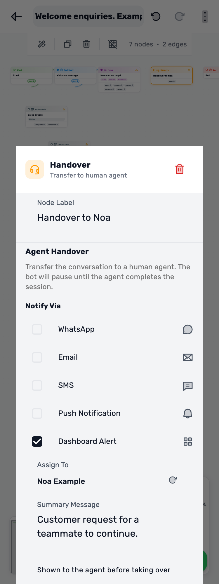 Original Lynxbe screen: Choose who receives the handover. Isolated demonstration data.