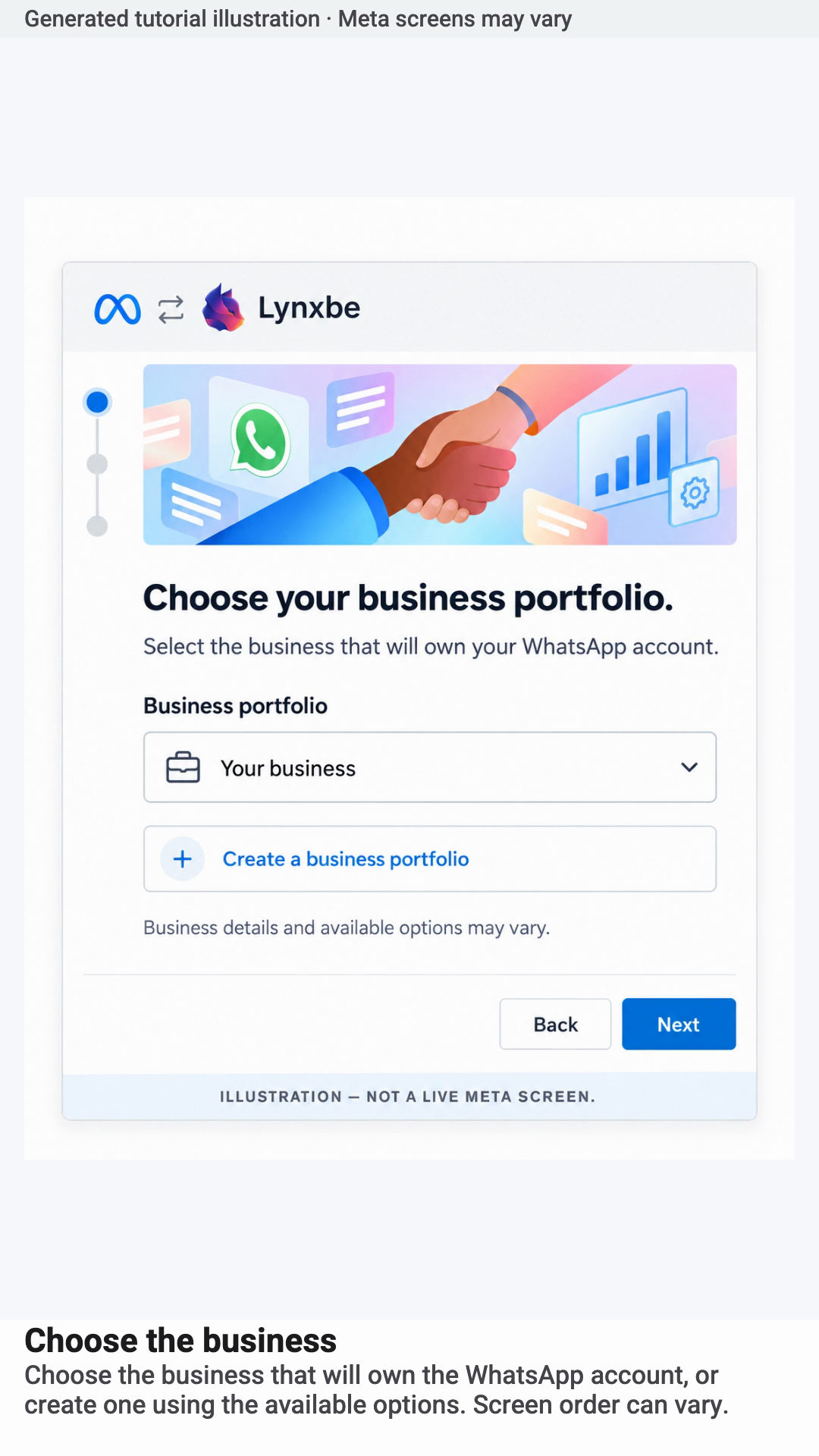 Choose the business. Generated tutorial illustration · Meta screens may vary