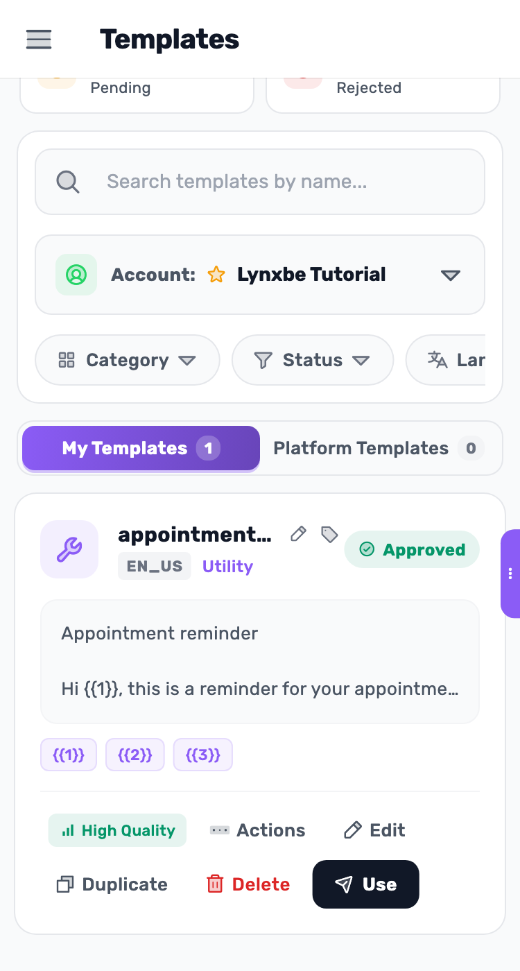 Lynxbe screen: Approved is ready to use. Demonstration data.