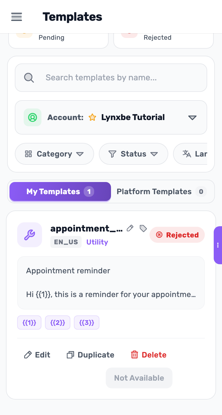 Lynxbe screen: If the template is rejected. Demonstration data.