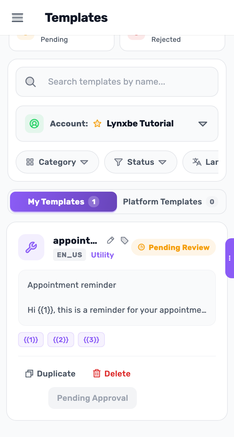 Lynxbe screen: Wait for approval. Demonstration data.