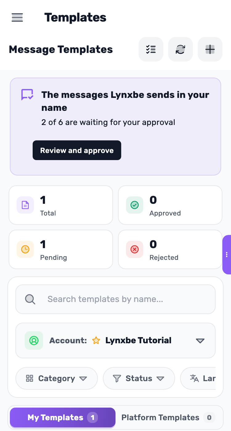 Lynxbe screen: Sync and check the status. Demonstration data.